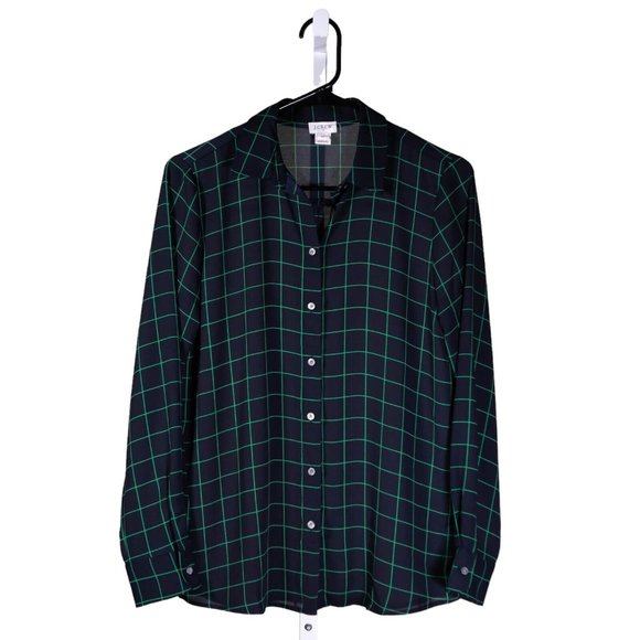 J. Crew Women's Shirt Navy Blue Green Check Plaid Preppy Career Blouse Top XS - Picture 1 of 8
